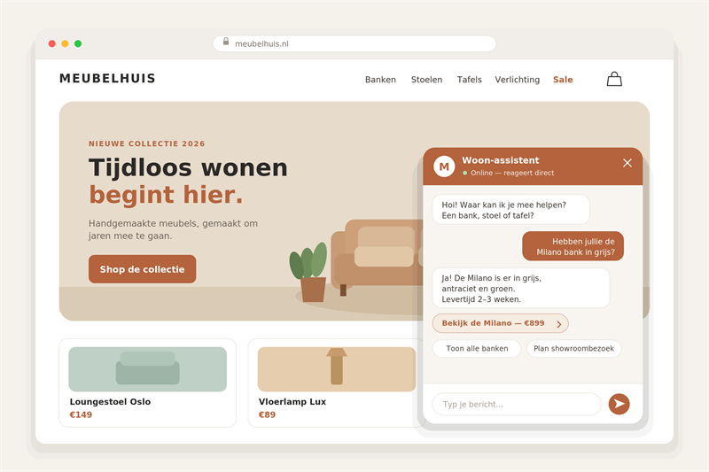 Voorbeeld van een chatbot op een website die een bezoeker helpt